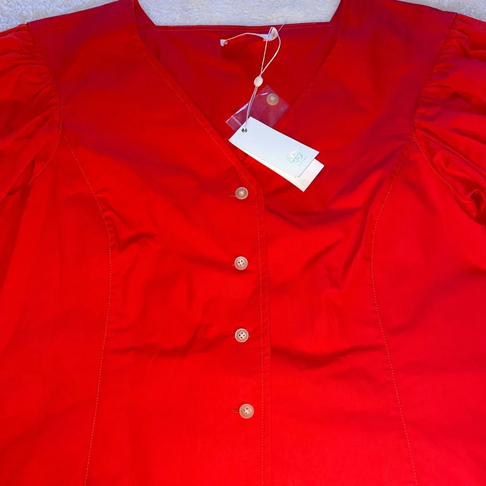 Tory Burch Red Cotton Puff Sleeve Button Up Blouse